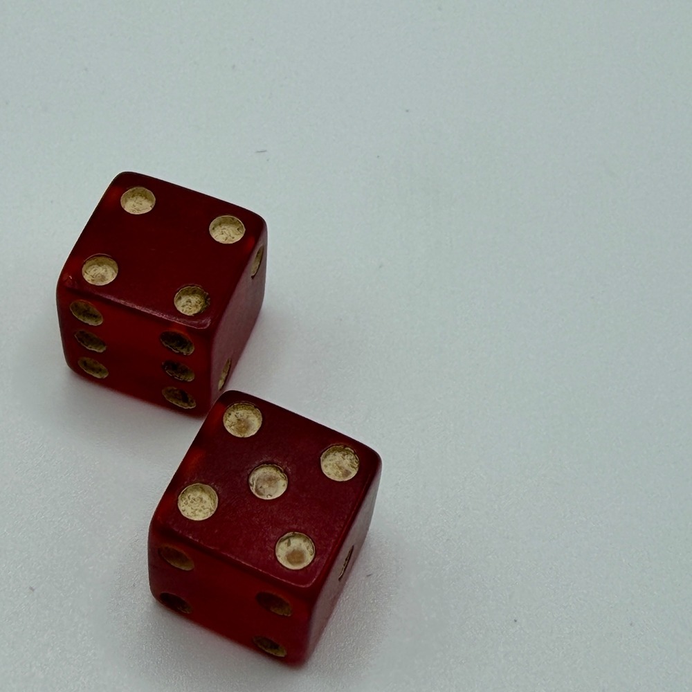 Vintage Cherry Red Bakelite Dice Pair Marbled Translucent Mid Century Gaming